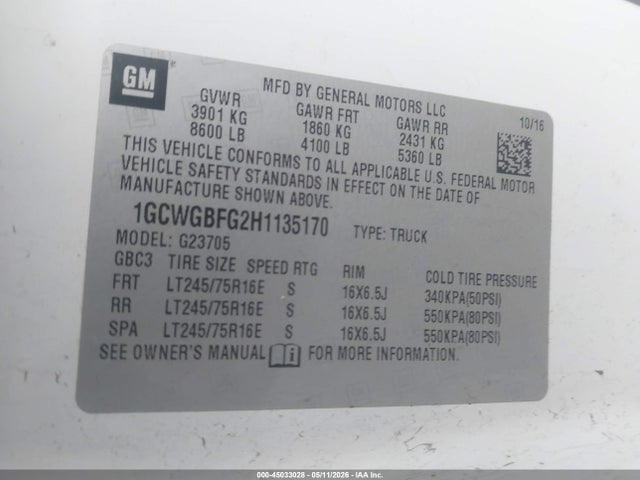 Продажа на аукционе авто 2017 Chevrolet Express 2500 Work Van, vin: 1GCWGBFG2H1135170, номер лота: 45033028