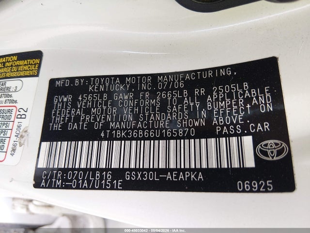 Aukcja sprzedaży 2006 Toyota Avalon Limited, vin: 4T1BK36B66U165870, numer aukcji: 45033042