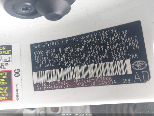 Продаж на аукціоні авто 2016 Toyota Corolla Le, vin: 2T1BURHE7GC702172, номер лоту: 45033047