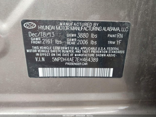 45033057 :رقم المزاد ، 5NPDH4AE7EH464389 vin ، 2014 Hyundai Elantra Se مزاد بيع
