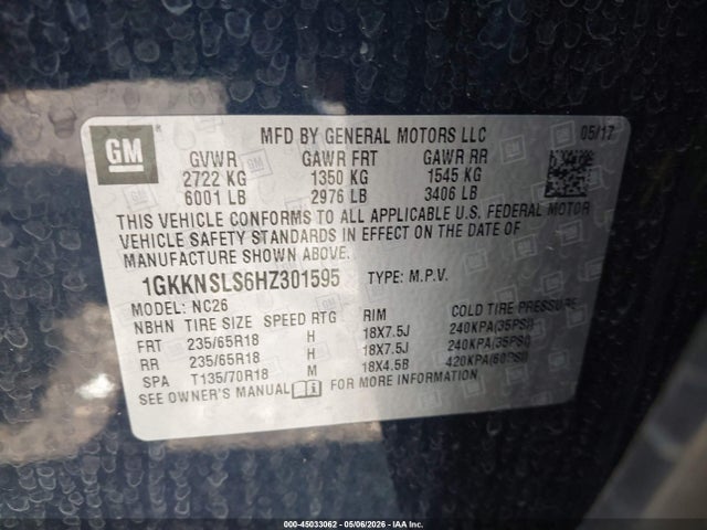 45033062 :رقم المزاد ، 1GKKNSLS6HZ301595 vin ، 2017 Gmc Acadia Sle-2 مزاد بيع