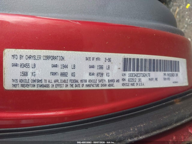 1996 Dodge Neon Highline მანქანა იყიდება აუქციონზე, vin: 1B3ES42C3TD624176, აუქციონის ნომერი: 45033063