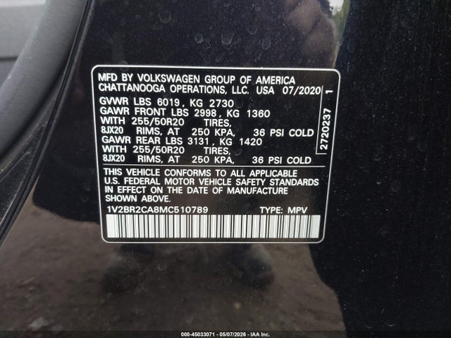 Aukcja sprzedaży 2021 Volkswagen Atlas 3.6l V6 Sel, vin: 1V2BR2CA8MC510789, numer aukcji: 45033071