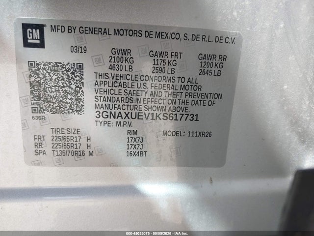 Продаж на аукціоні авто 2019 Chevrolet Equinox Lt, vin: 3GNAXUEV1KS617731, номер лоту: 45033075