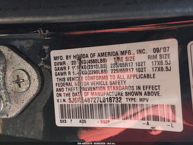 2007 Honda Cr-v Ex-l მანქანა იყიდება აუქციონზე, vin: 5J6RE48727L018732, აუქციონის ნომერი: 45033079