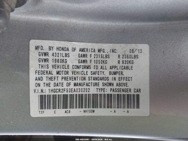 45033081 :رقم المزاد ، 1HGCR2F50EA030202 vin ، 2014 Honda Accord Sport مزاد بيع