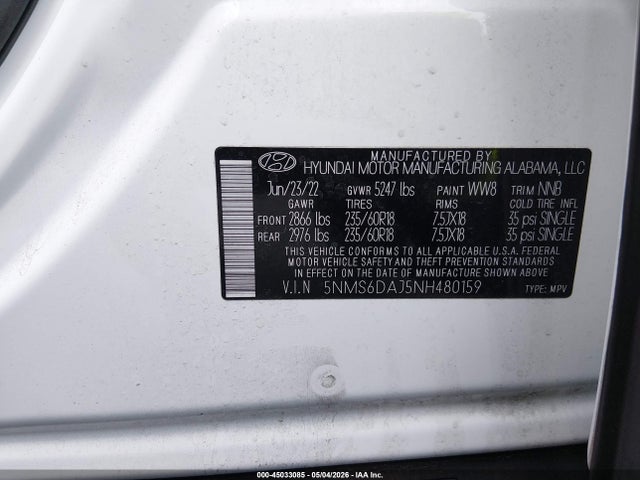Продажа на аукционе авто 2022 Hyundai Santa Fe Xrt, vin: 5NMS6DAJ5NH480159, номер лота: 45033085