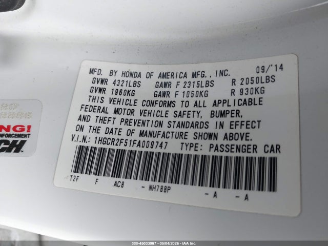 Aukcja sprzedaży 2015 Honda Accord Sport, vin: 1HGCR2F51FA009747, numer aukcji: 45033087