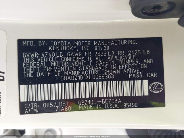 45033088 :رقم المزاد ، 58ADZ1B1XLU066303 vin ، 2020 Lexus Es 350 مزاد بيع