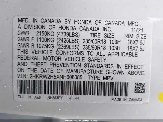2022 Honda Cr-v Awd Ex მანქანა იყიდება აუქციონზე, vin: 2HKRW2H5XNH608085, აუქციონის ნომერი: 45033091
