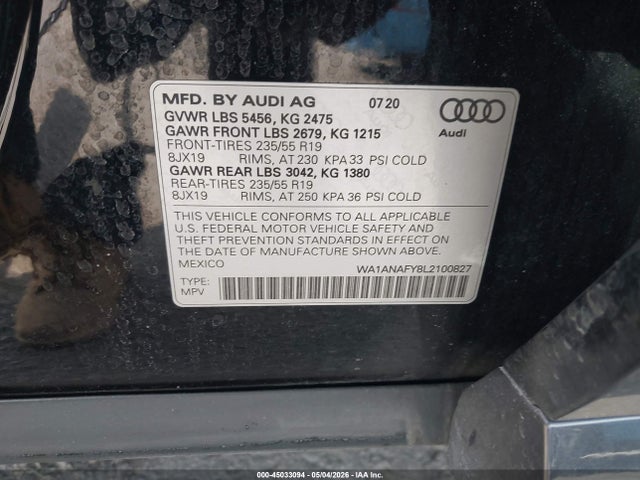 45033094 :رقم المزاد ، WA1ANAFY8L2100827 vin ، 2020 Audi Q5 Premium 45 Tfsi Quattro S Tronic مزاد بيع