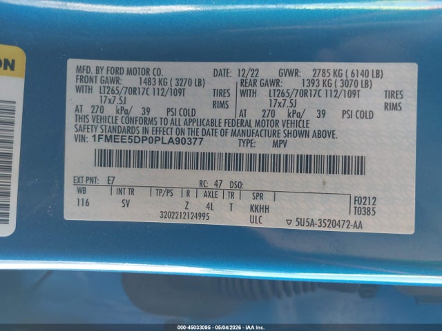 45033095 :رقم المزاد ، 1FMEE5DP0PLA90377 vin ، 2023 Ford Bronco Black Diamond مزاد بيع