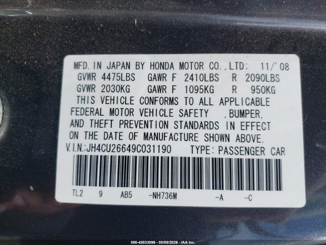 2009 Acura Tsx მანქანა იყიდება აუქციონზე, vin: JH4CU26649C031190, აუქციონის ნომერი: 45033096