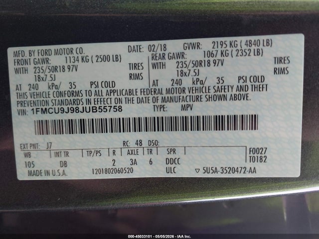 Продаж на аукціоні авто 2018 Ford Escape Titanium, vin: 1FMCU9J98JUB55758, номер лоту: 45033101