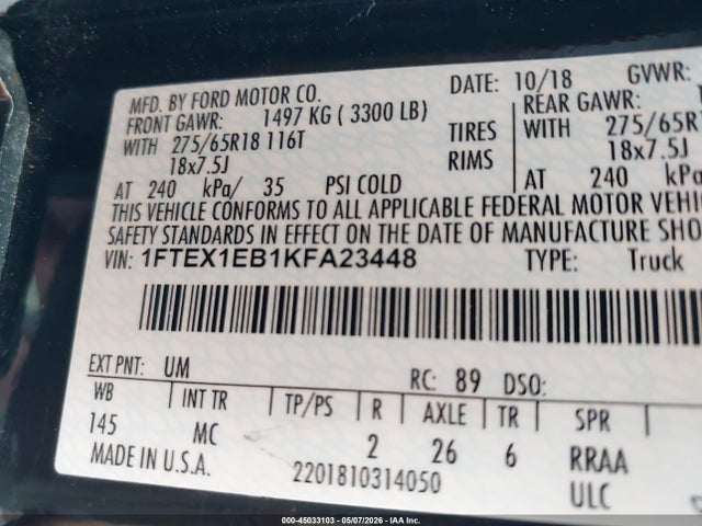 Продажа на аукционе авто 2019 Ford F-150 Xlt, vin: 1FTEX1EB1KFA23448, номер лота: 45033103