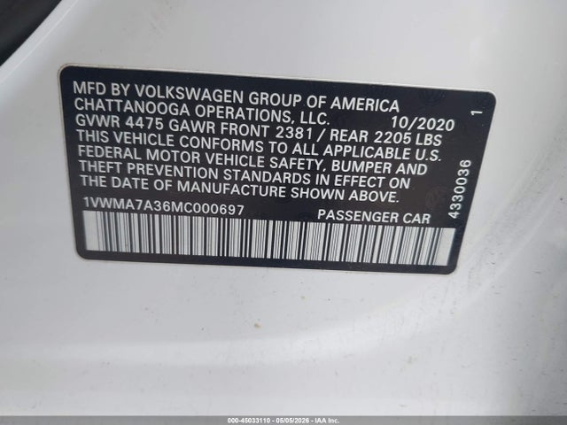 Продаж на аукціоні авто 2021 Volkswagen Passat 2.0t R-line, vin: 1VWMA7A36MC000697, номер лоту: 45033110