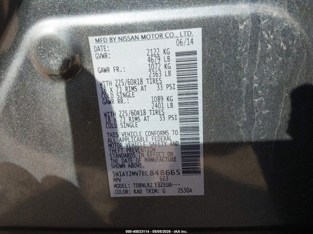 45033114 :رقم المزاد ، 5N1AT2MV7EC848665 vin ، 2014 Nissan Rogue Sl مزاد بيع
