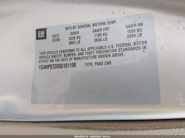 2008 Buick Lucerne Cx მანქანა იყიდება აუქციონზე, vin: 1G4HP57268U181186, აუქციონის ნომერი: 45033115