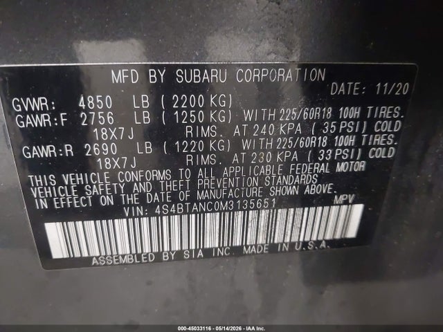 Aukcja sprzedaży 2021 Subaru Outback Limited, vin: 4S4BTANC0M3135651, numer aukcji: 45033116