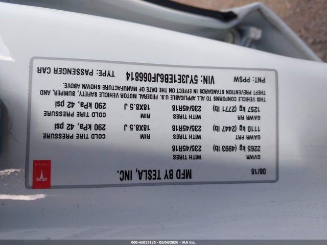 2018 Tesla Model 3 Long Range/performance მანქანა იყიდება აუქციონზე, vin: 5YJ3E1EB6JF066814, აუქციონის ნომერი: 45033125