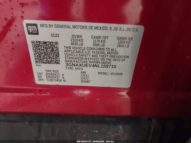 Продажа на аукционе авто 2022 Chevrolet Equinox Awd Lt, vin: 3GNAXUEV4NL159715, номер лота: 45033127