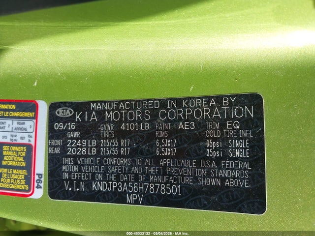 45033132 :رقم المزاد ، KNDJP3A56H7878501 vin ، 2017 Kia Soul + مزاد بيع