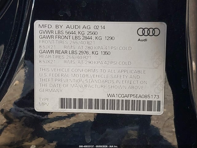 2014 Audi Sq5 3.0t Premium Plus მანქანა იყიდება აუქციონზე, vin: WA1CGAFP5EA085173, აუქციონის ნომერი: 45033137