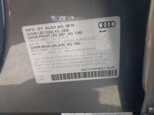 Aukcja sprzedaży 2014 Audi Q5 2.0t Premium, vin: WA1LFAFP4EA116545, numer aukcji: 45033142