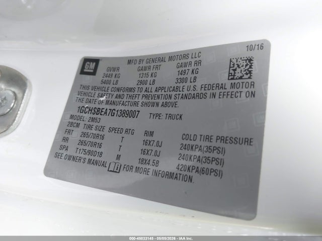 2016 Chevrolet Colorado Wt მანქანა იყიდება აუქციონზე, vin: 1GCHSBEA7G1389007, აუქციონის ნომერი: 45033145