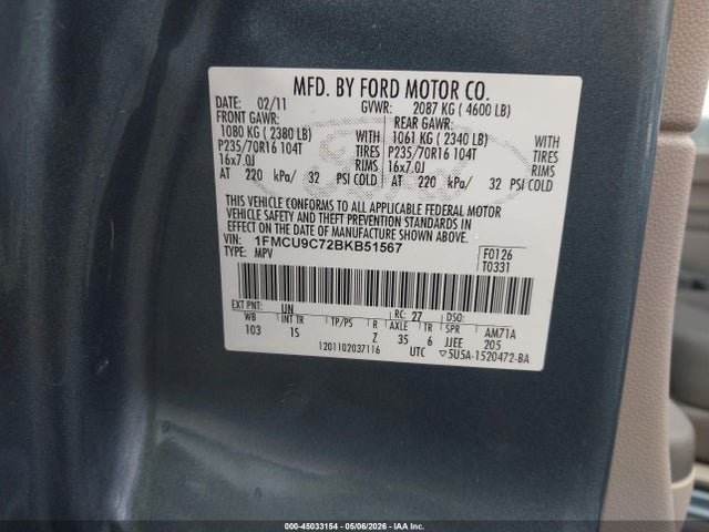 2011 Ford Escape Xls მანქანა იყიდება აუქციონზე, vin: 1FMCU9C72BKB51567, აუქციონის ნომერი: 45033154