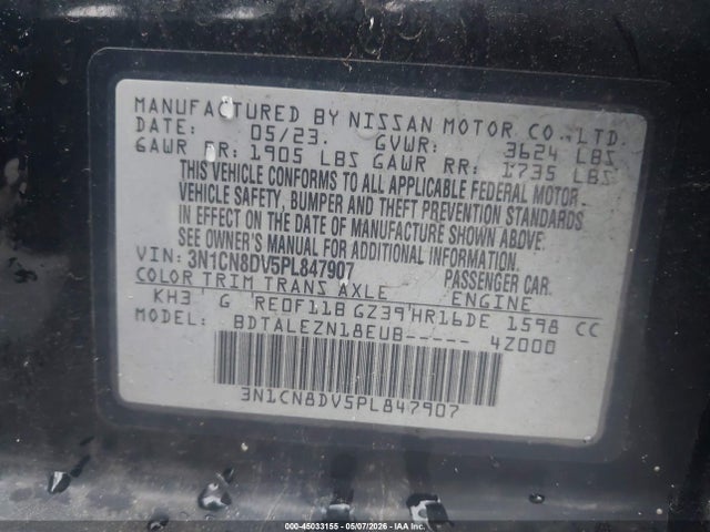 Aukcja sprzedaży 2023 Nissan Versa 1.6 S Xtronic Cvt, vin: 3N1CN8DV5PL847907, numer aukcji: 45033155