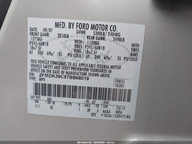Aukcja sprzedaży 2007 Ford Edge Sel Plus, vin: 2FMDK39C57BB68019, numer aukcji: 45033156