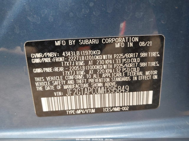 45033160 :رقم المزاد ، JF2GTAPC0MH395849 vin ، 2021 Subaru Crosstrek Premium مزاد بيع