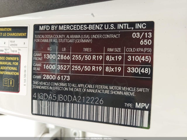 Aukcja sprzedaży 2013 Mercedes-benz Ml 350, vin: 4JGDA5JB0DA212226, numer aukcji: 45033171