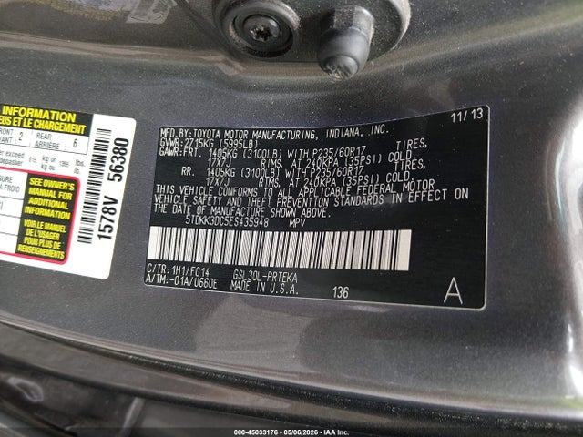 Продаж на аукціоні авто 2014 Toyota Sienna Le V6 8 Passenger, vin: 5TDKK3DC5ES435948, номер лоту: 45033176