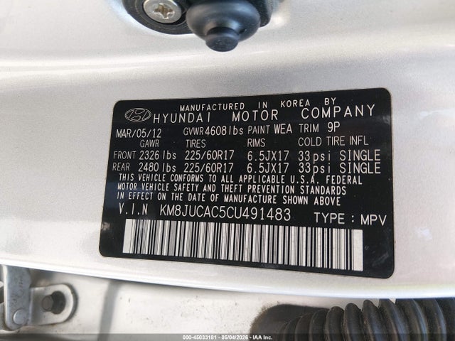 Auction sale of the 2012 Hyundai Tucson Gls, vin: KM8JUCAC5CU491483, lot number: 45033181