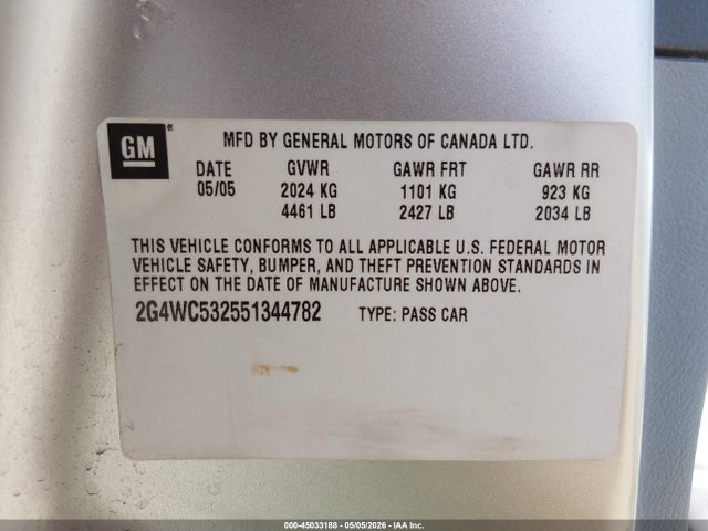 Aukcja sprzedaży 2005 Buick Lacrosse Cx, vin: 2G4WC532551344782, numer aukcji: 45033188