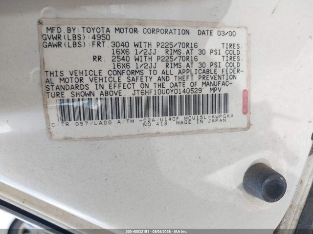 45033191 :رقم المزاد ، JT6HF10U0Y0140529 vin ، 2000 Lexus Rx 300 مزاد بيع