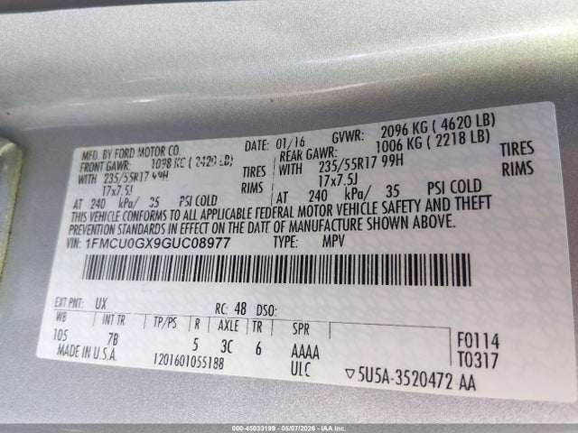 45033199 :رقم المزاد ، 1FMCU0GX9GUC08977 vin ، 2016 Ford Escape Se مزاد بيع