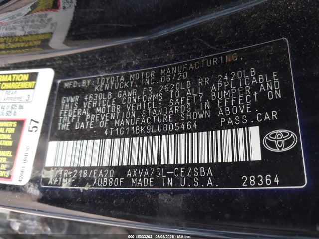 Aukcja sprzedaży 2020 Toyota Camry Se Awd, vin: 4T1G11BK9LU005464, numer aukcji: 45033203