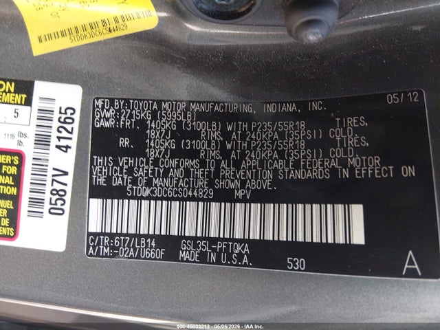 Aukcja sprzedaży 2012 Toyota Sienna Xle 7 Passenger, vin: 5TDDK3DC6CS044829, numer aukcji: 45033213