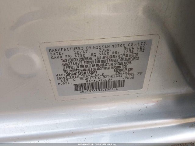 Aukcja sprzedaży 2018 Nissan Versa 1.6 S+, vin: 3N1CN7AP3JL832541, numer aukcji: 45033224