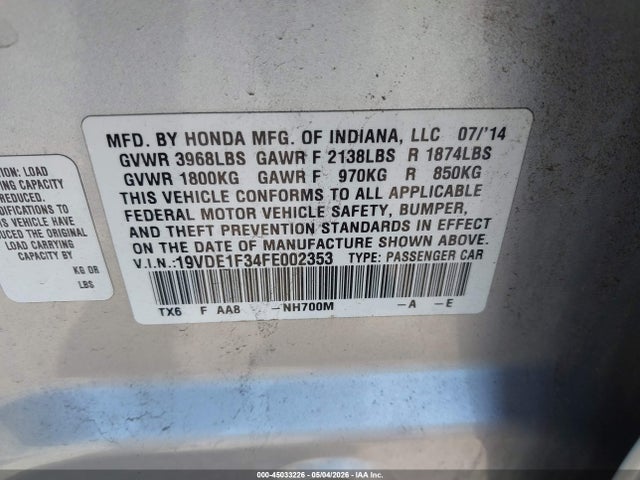 2015 Acura Ilx 2.0l მანქანა იყიდება აუქციონზე, vin: 19VDE1F34FE002353, აუქციონის ნომერი: 45033226