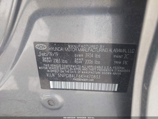 45033229 :رقم المزاد ، 5NPD84LF6KH470833 vin ، 2019 Hyundai Elantra Sel مزاد بيع