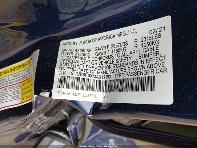 Auction sale of the 2021 Acura Tlx Advance Package, vin: 19UUB5F6XMA012193, lot number: 45033245