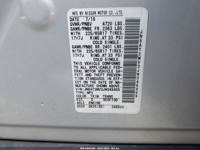 Aukcja sprzedaży 2018 Nissan Rogue Sv, vin: JN8AT2MV3JW349489, numer aukcji: 45033250