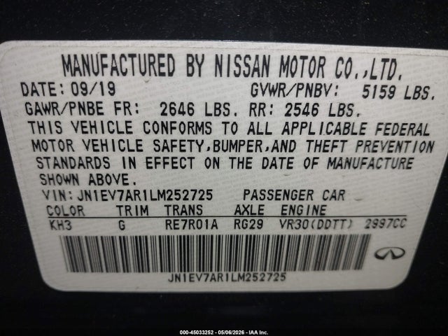 Продаж на аукціоні авто 2020 Infiniti Q50 Luxe Awd, vin: JN1EV7AR1LM252725, номер лоту: 45033252