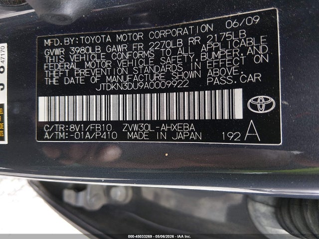 45033269 :رقم المزاد ، JTDKN3DU9A0009922 vin ، 2010 Toyota Prius Iii مزاد بيع