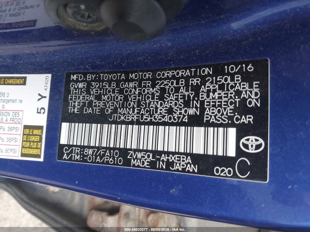 45033277 :رقم المزاد ، JTDKBRFU5H3540374 vin ، 2017 Toyota Prius Two مزاد بيع
