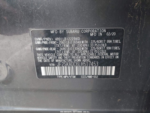 Aukcja sprzedaży 2020 Subaru Forester, vin: JF2SKADC6LH517453, numer aukcji: 45033278